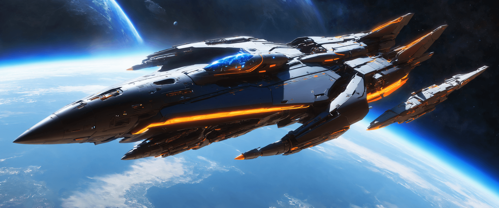 AI generated: concept art a futuristic military space craft, space craft is hovering in the air with blue flames b...