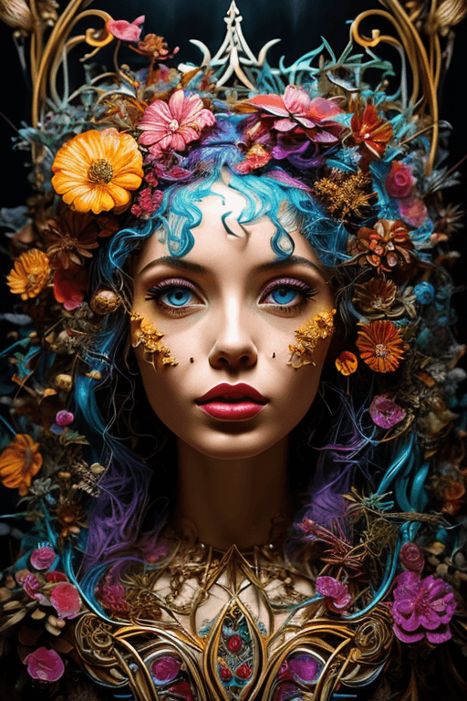 AI generated: mj, a close up of a psychedelic woman with big colorful eyes, art, organic flowing lines, vibrant co...