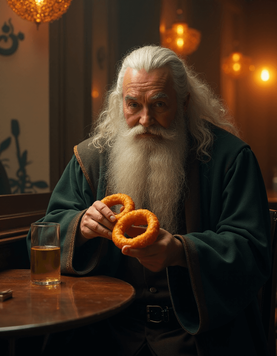 AI generated: Gandalf holding a onion rings in cafe, rutkowski, rim light, dark theme