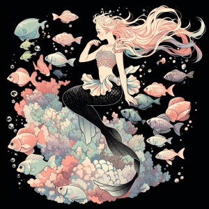 AI generated: Vintage tshirt design, mermaid, swimming with shells, hd, 16lk, by Marc Davis, pearl-shell-shaded, b...