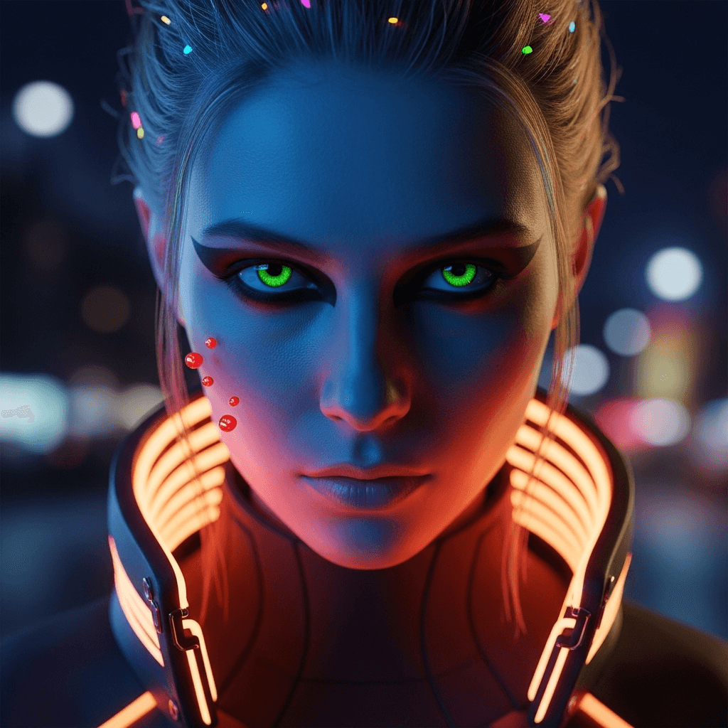 AI generated: portrait model with neon-colored eye makeup, focusing on intense black eyeshadow, glowing orange col...