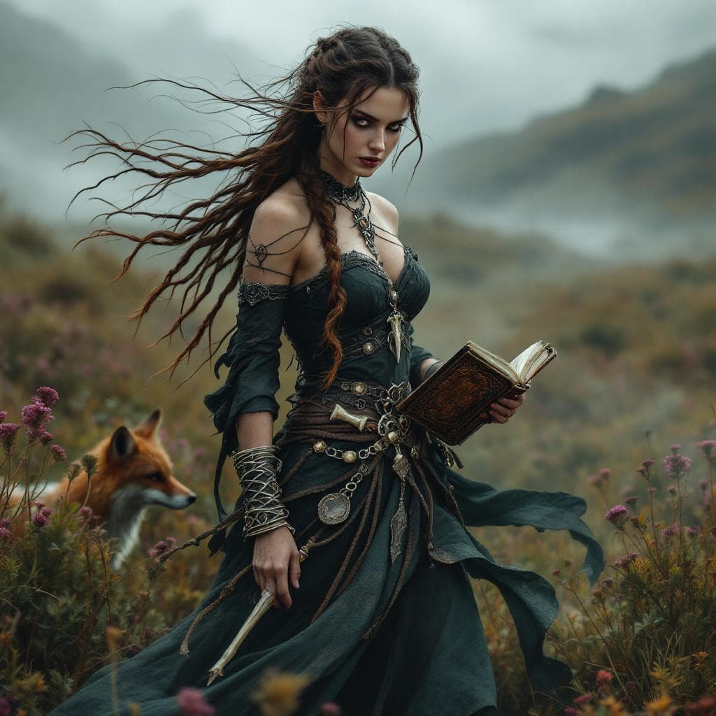 AI generated: mysterious Celtic witch with long braided hair, iron jewelry and bone charms, standing in a field of...