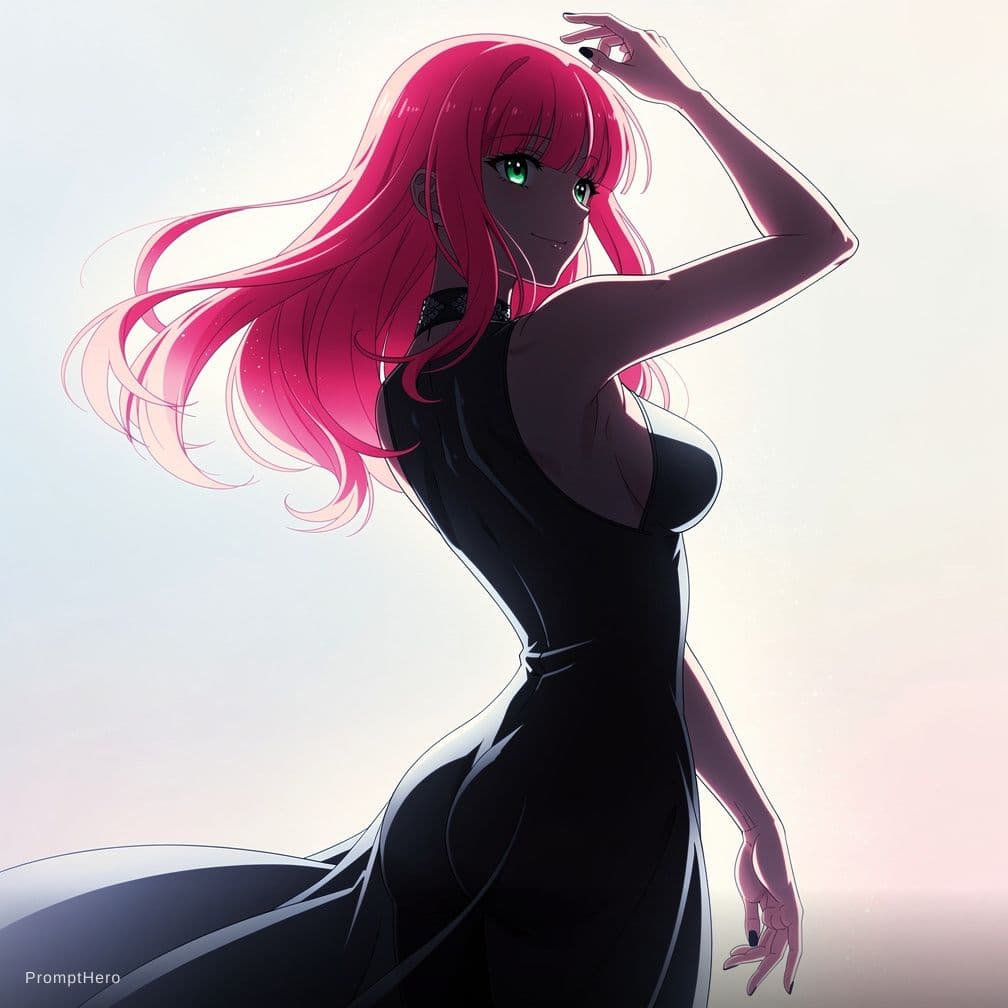 AI generated: Anime, pink hair, green eyes, big boobs, naked