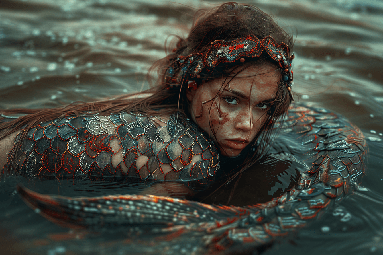 AI generated: the entire huge long tail of the mermaid is embroidered with Ukrainian embroidery patterns, a water ...