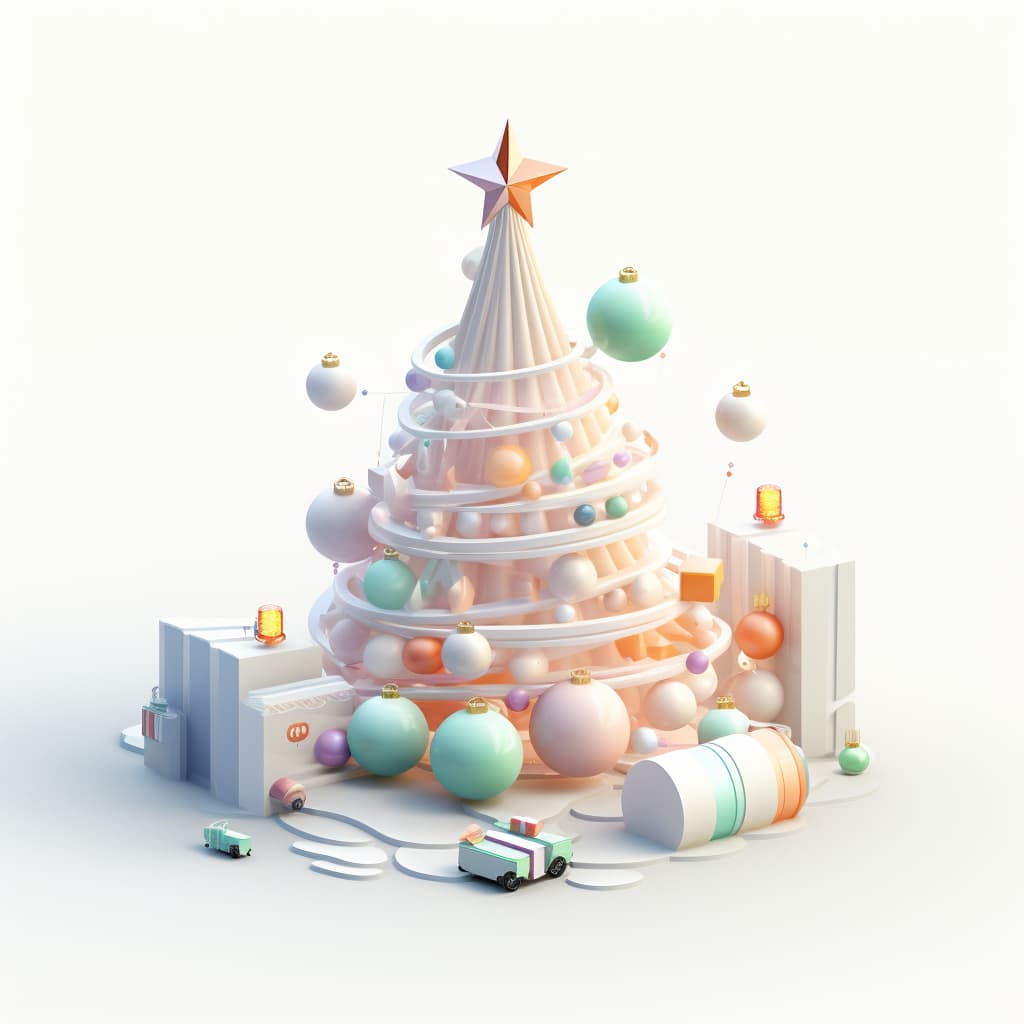 AI generated: beautiful christmas tree obje, modern, with ornaments, pastel color, white background, 3d