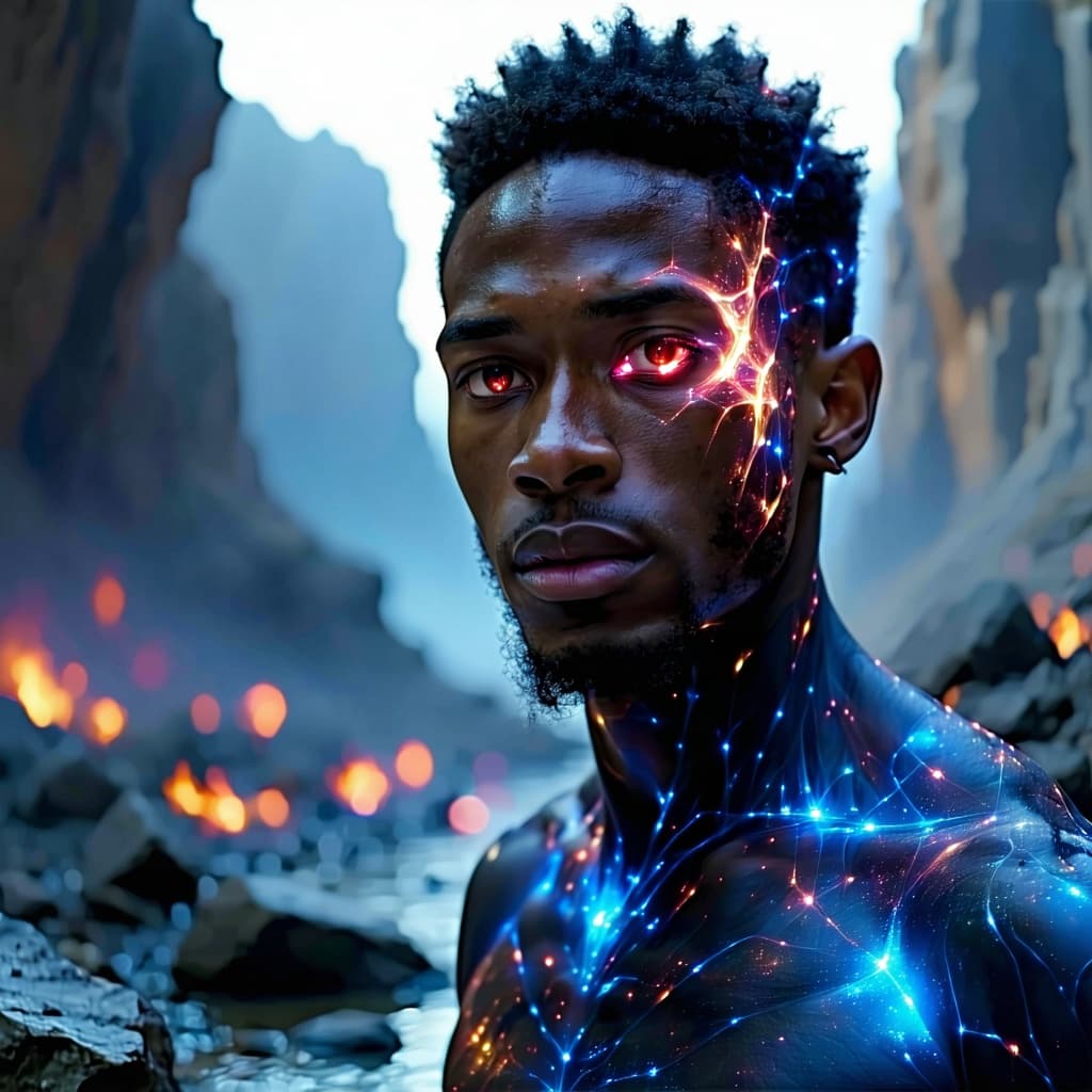 AI generated: An African American male, average height and build, standing calmly amid a fractured cosmic battlefi...