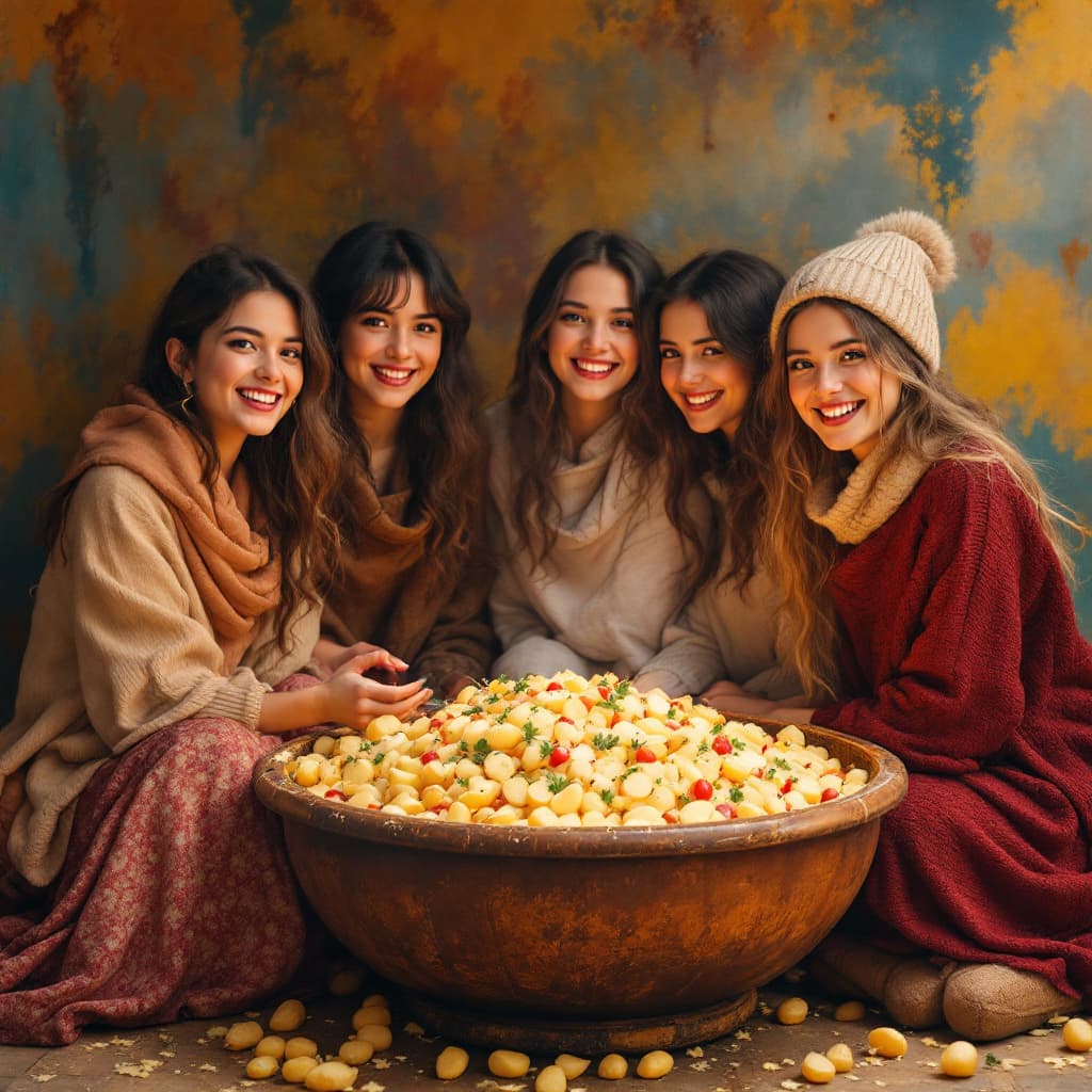 AI generated: group of young women sitting in big bowl full of potato salat
