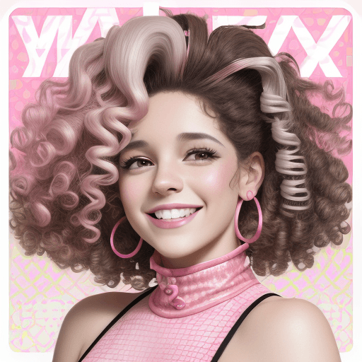AI generated: woman smiling in pink and white with curly hair, in the style of y2k aesthetic,  Spanish pop culture...
