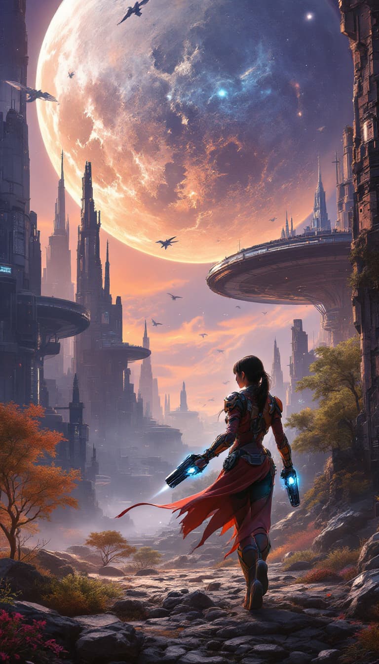 AI generated: Hyper-realistic painting, a girl placed center in the composition, wearing a dynamic, combat suit wi...
