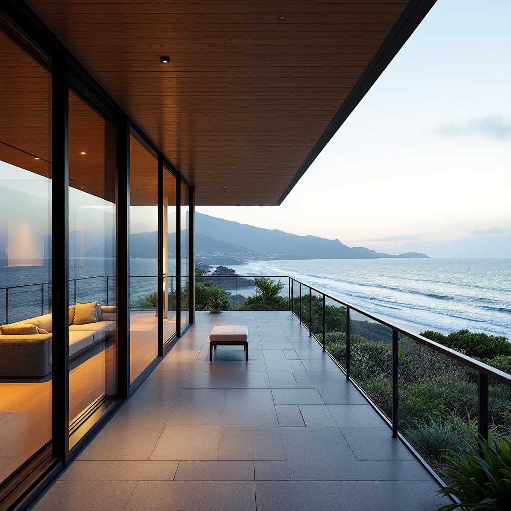 AI generated: Hyper realistic eye level exterior photo of a mid century modern style house overlooking the ocean, ...