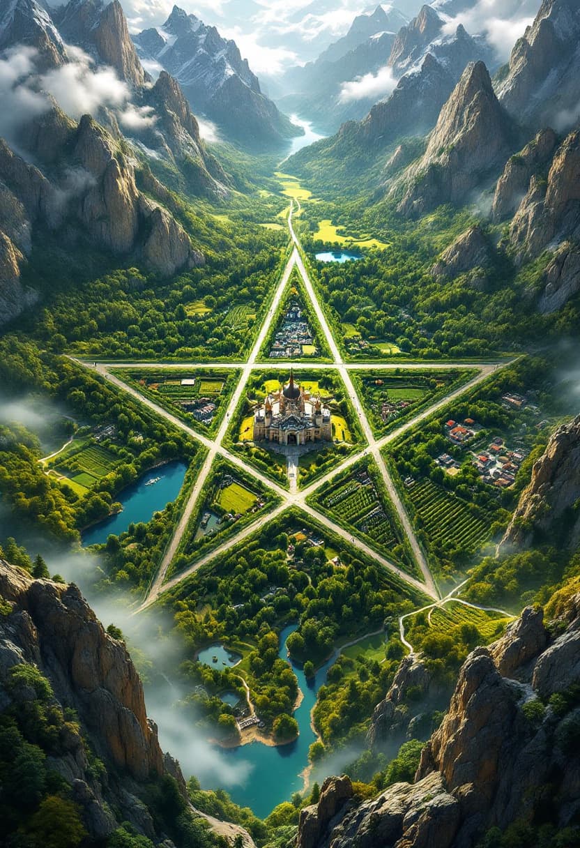 AI generated: A landscape that from above forms a pentagram with five points with a forest in on part and city in ...