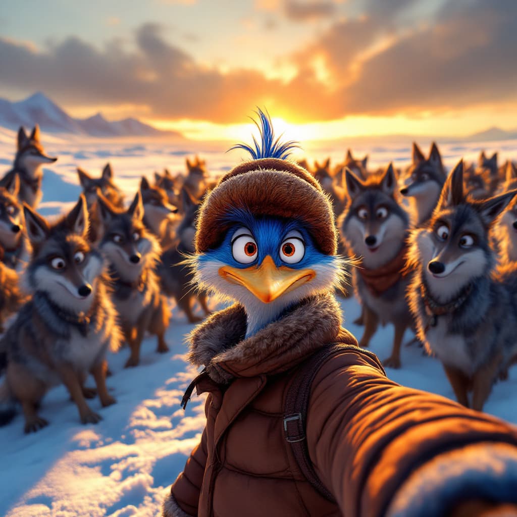 AI generated: A hyper-detailed scene at sunset on a snowy ice field. In the foreground, the Road Runner (a cute, s...