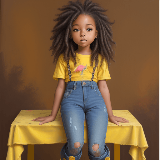 AI generated: oil painting African American babygirl with bounce curly locs sitting on the table wearing a yellow ...