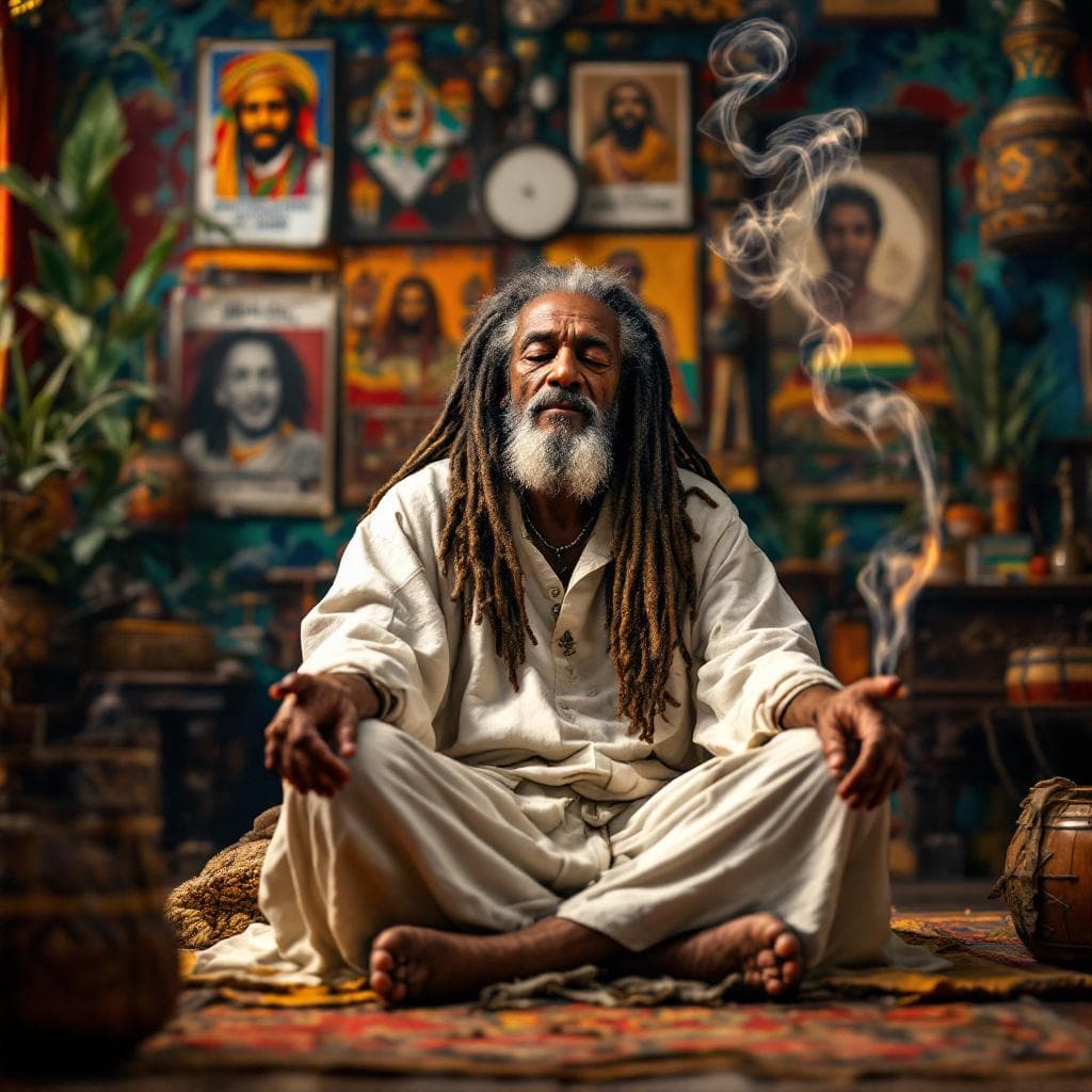 AI generated: A highly detailed cinematic realistic frontal image of a 70-year-old Rastafarian man with long, gray...