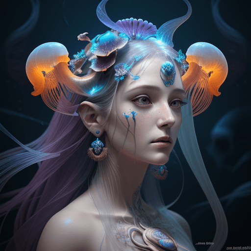 AI generated: Goddess close-up portrait ribcagel. jellyfish phoenix head, nautilus, orchid, skull, betta fish, bio...