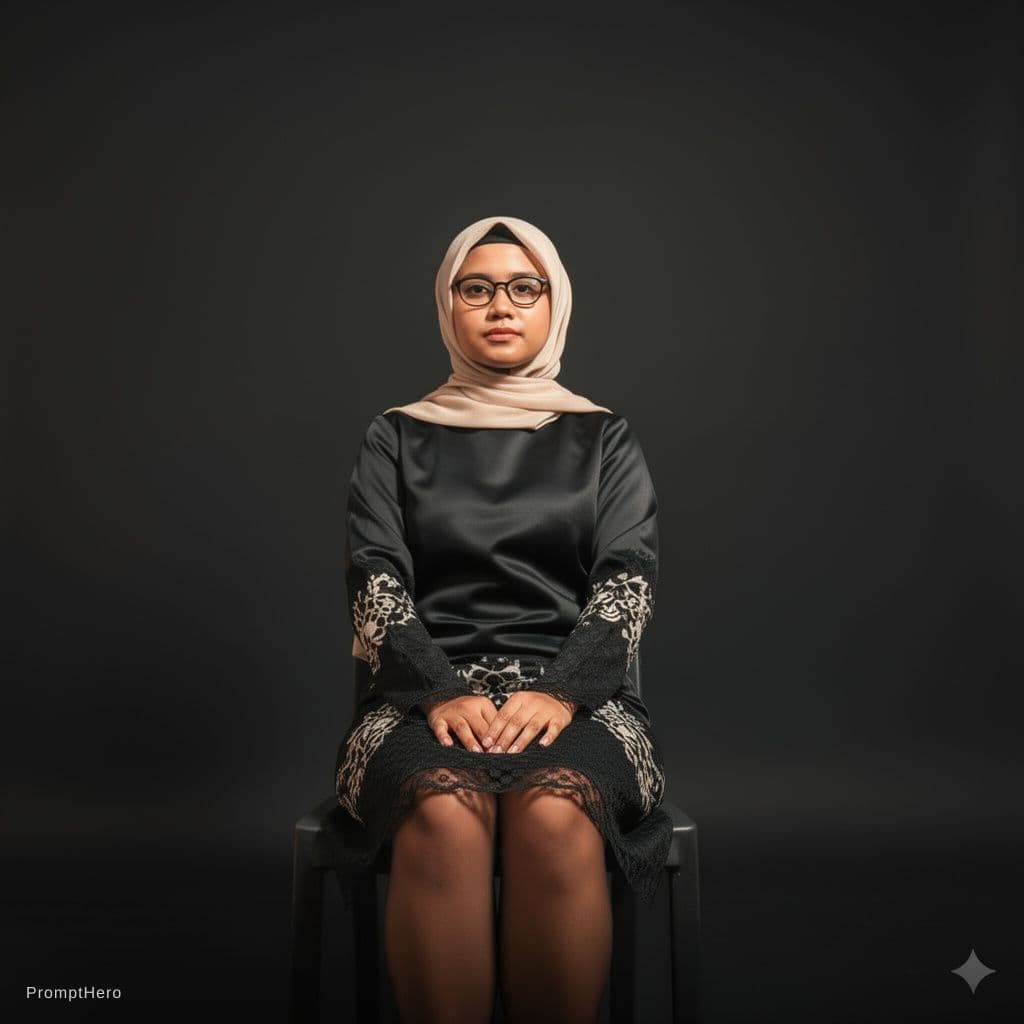 AI generated: hyper-realistic, 8K resolution, low-angle shot of the woman from the original image. She is sitting ...