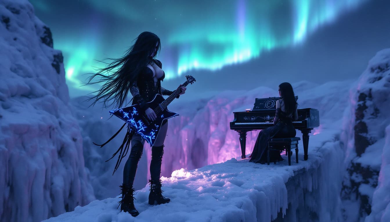 AI generated: From a low angle, the scene captures the gothic maidens with big breasts performing on a narrow, icy...