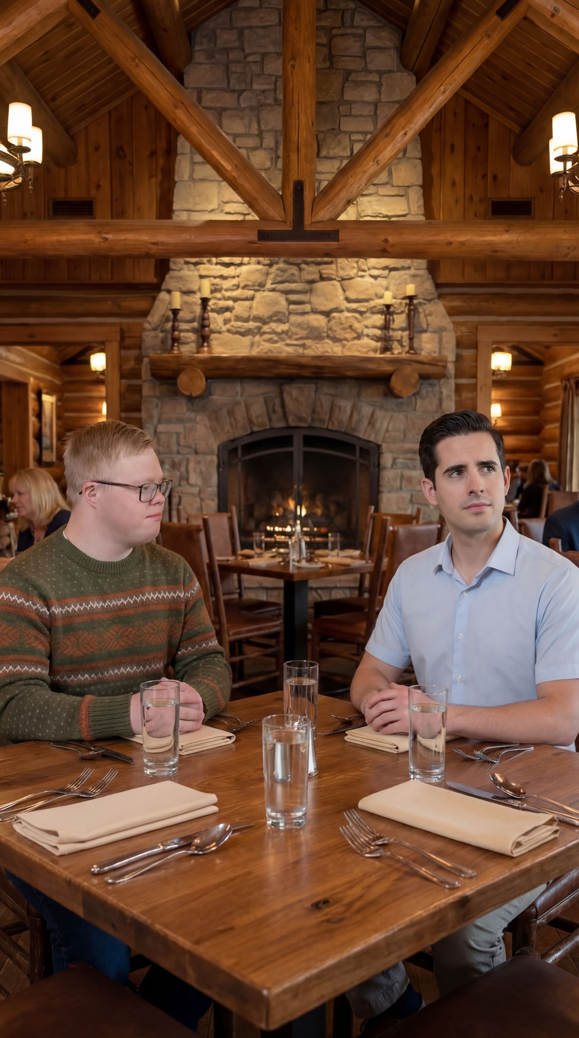 AI generated: Same image at the restaurant. The guy in the light blue shirt has a thoughtful expression on his fac...