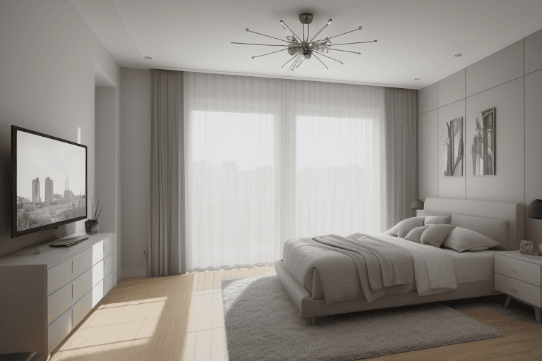 AI generated: interior design, modern bedroom, bedroom, modern, window, wide angle, wideangle, photo, photorealist...