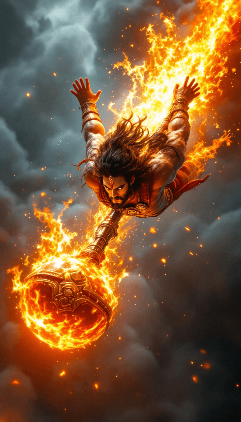 AI generated: A hyper-realistic, cinematic image of Lord Hanuman (monkey faced god) falling head-first through Ear...