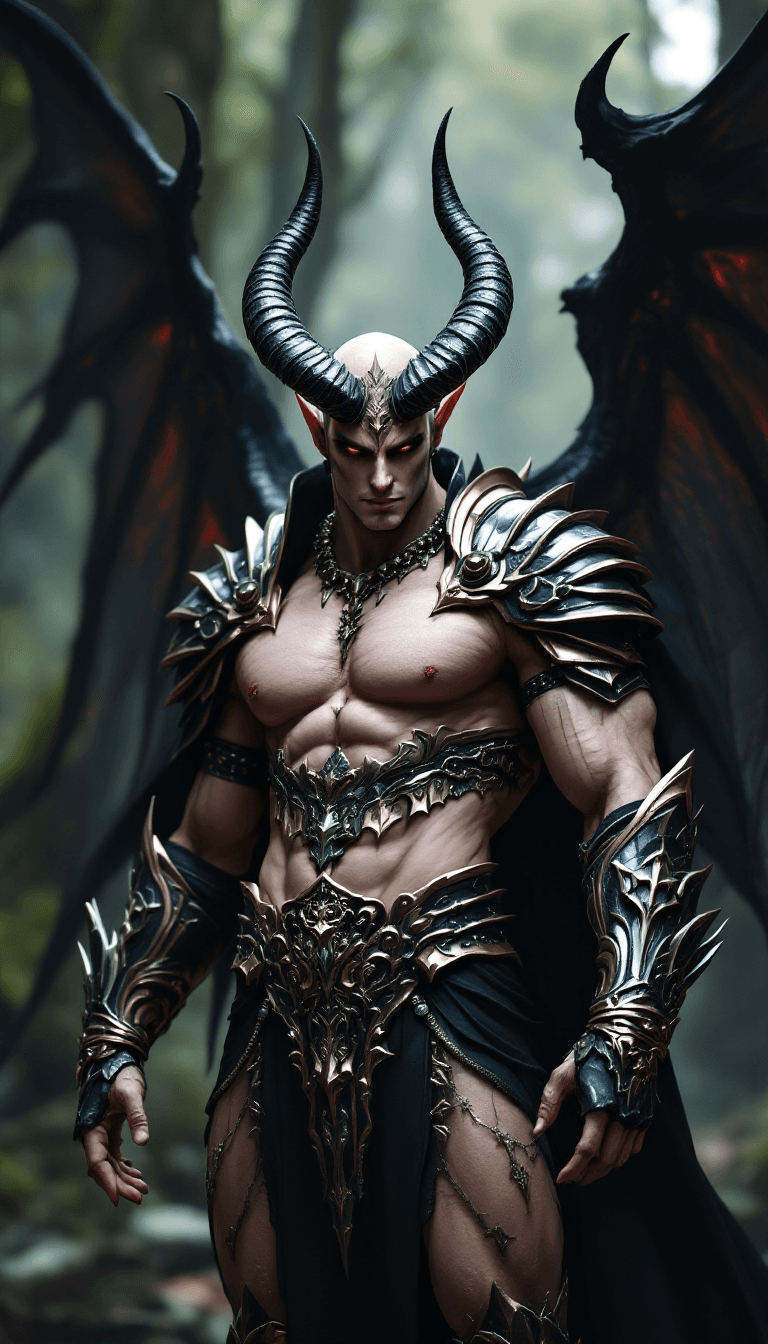 AI generated: Male lucifer demon in beauty armor.
Many detailled, accessories, King, heel, 
