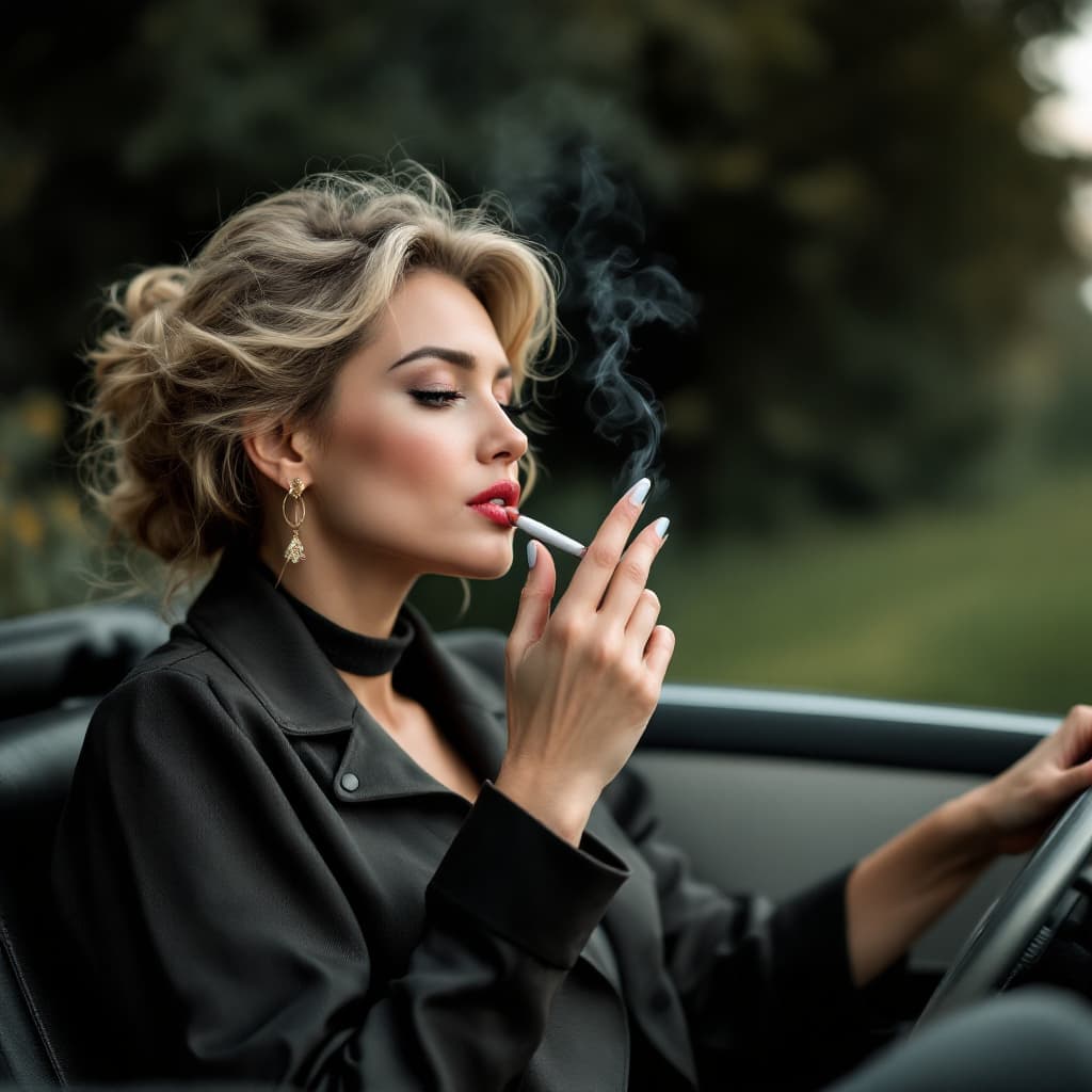 AI generated: gorgeous lady driving ,the Citroën DS 19 black Convertible, in the countryside, The lady is smoking ...