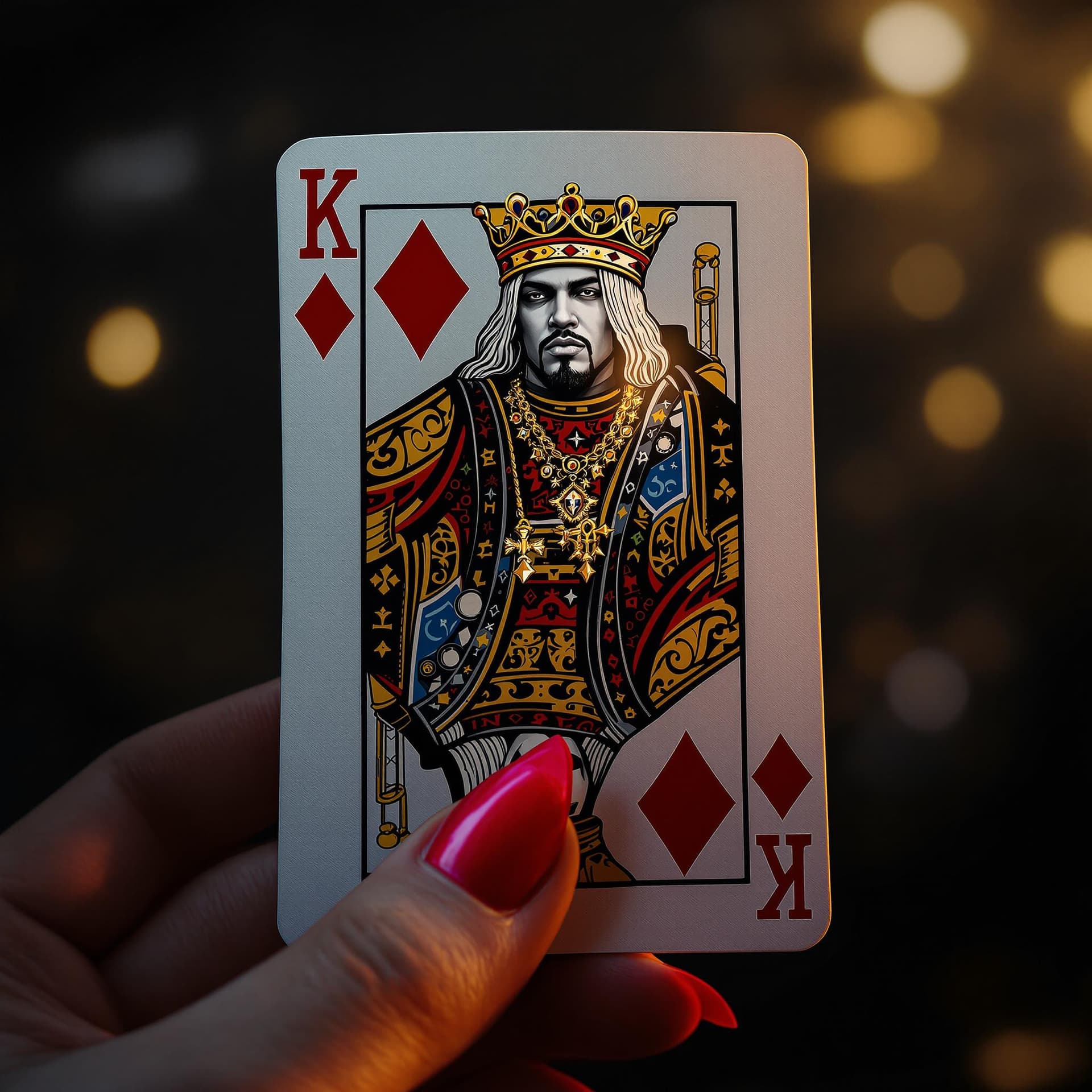AI generated: a woman's hand with long red nails holding a king of diamonds playing card depicting a realistic hip...