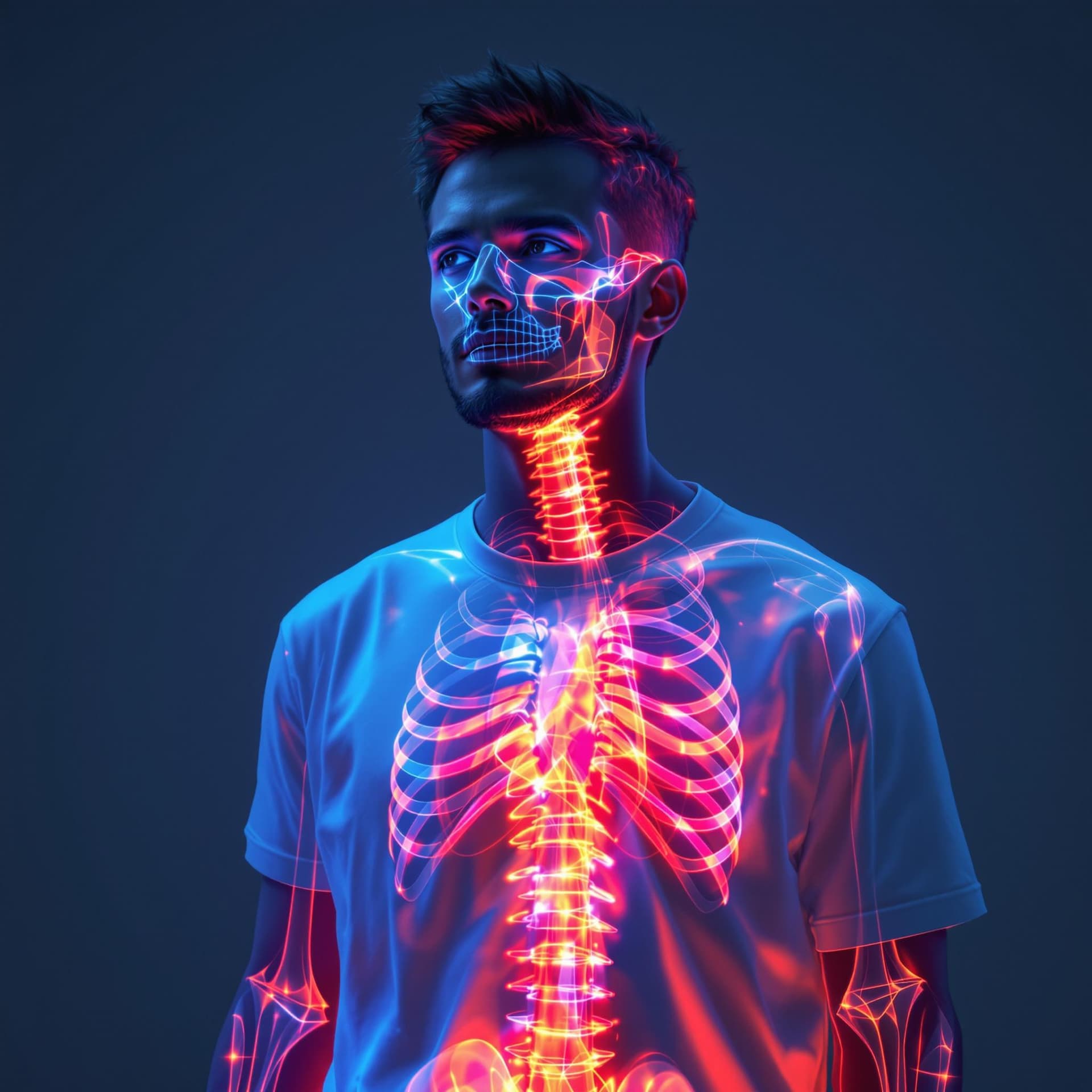 AI generated: digital art, man wearing white shirt, X-ray effect to subtly display his skeletal framework in a glo...