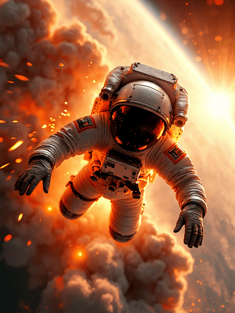 AI generated:  A hyper-realistic, cinematic image of an astronaut falling head-first through Earth's atmosphere, v...