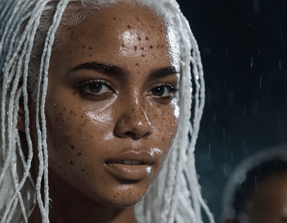 AI generated: black woman in the rain, "wet face", white hair, white eyes, freckle, extremely detailed face, face ...