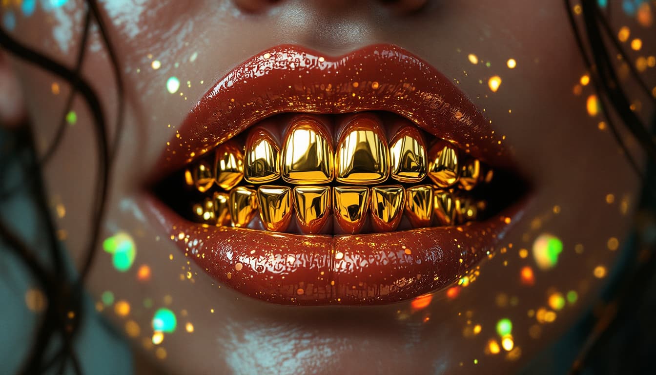 AI generated: a woman with a large jaw and gold teeth, in the style of futuristic minimalism, restrained forms, da...