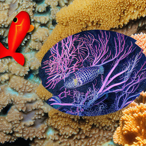 AI generated: 2D image of a deep sea diver underwater, fish and corals, and sea weed.