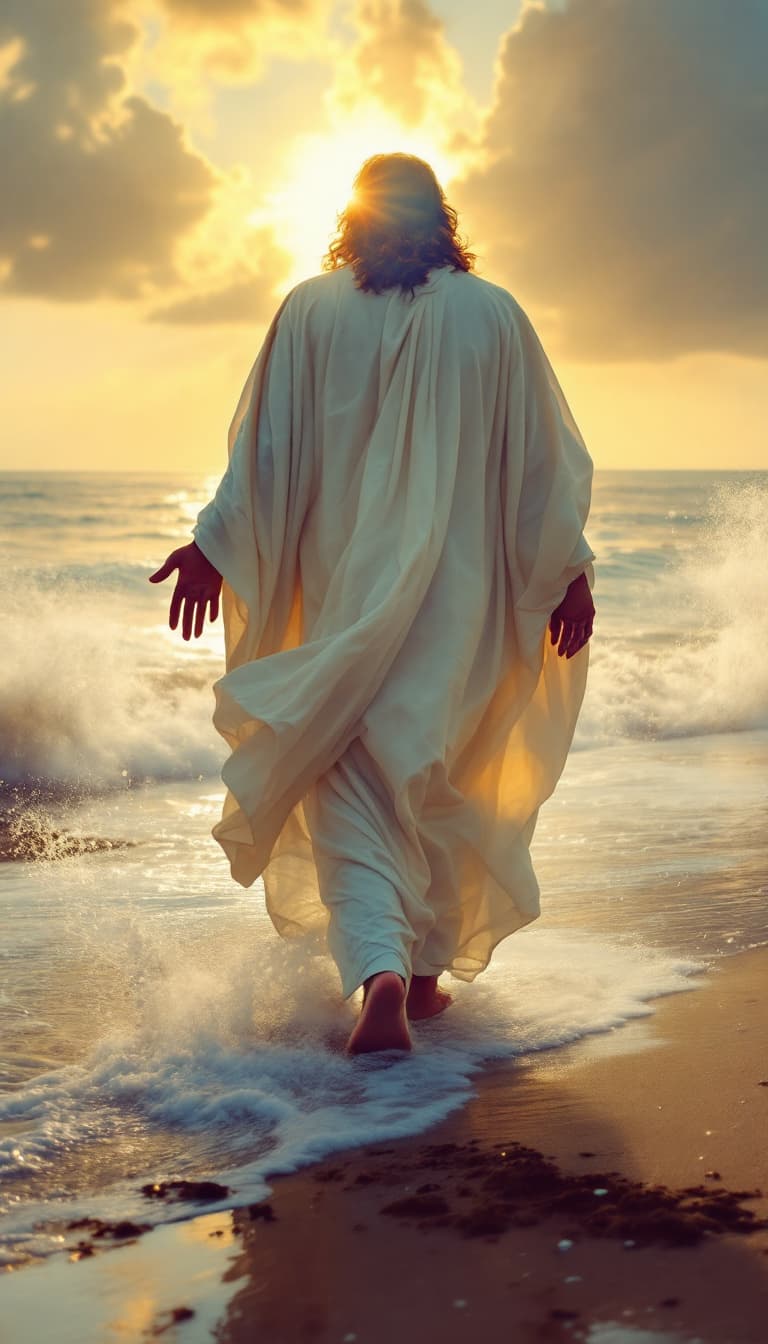AI generated: Jesus walking on the beach from the back, not walking on the sand, next to the beach next to the wat...
