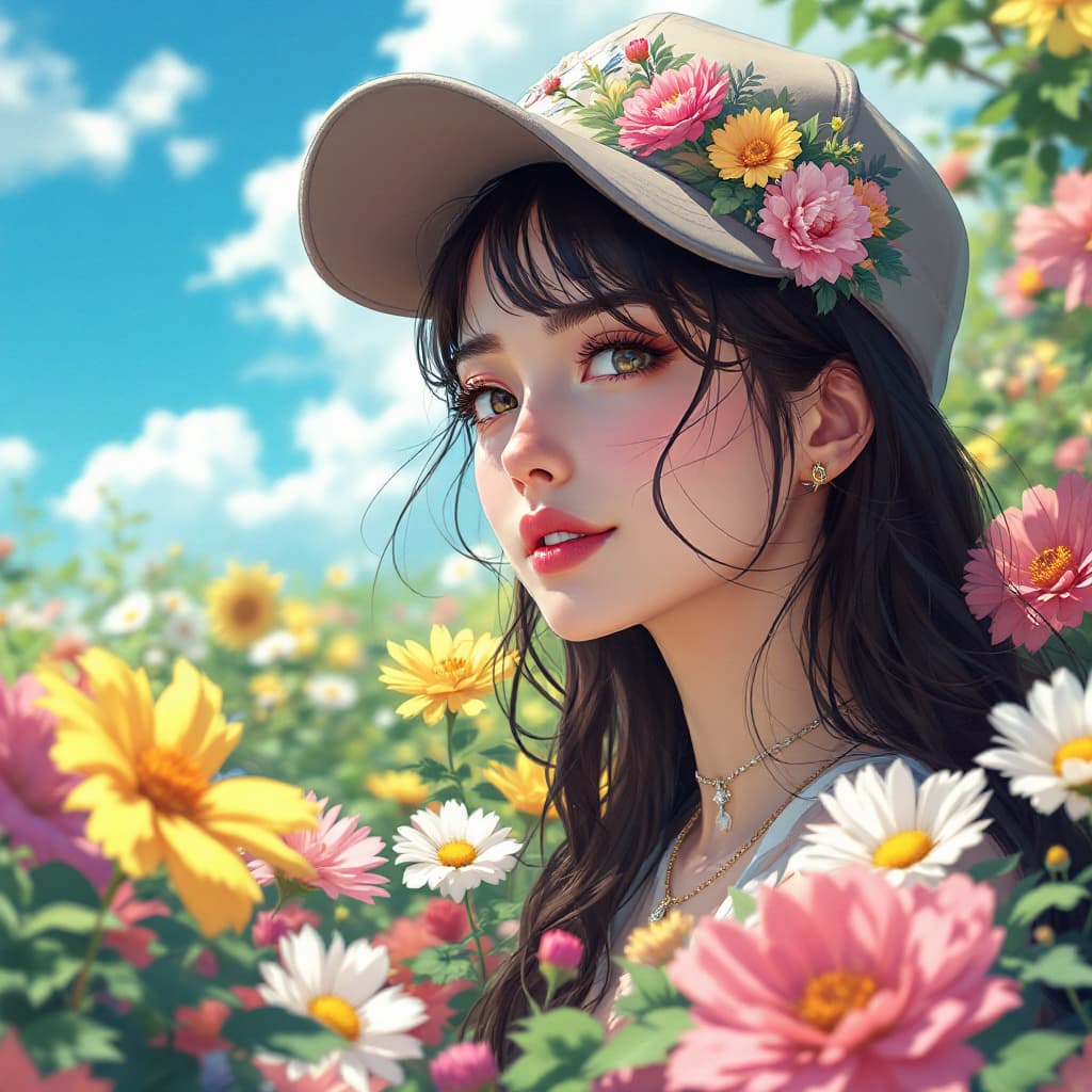 AI generated: woman, anime, a flowers with bright colors, with cap