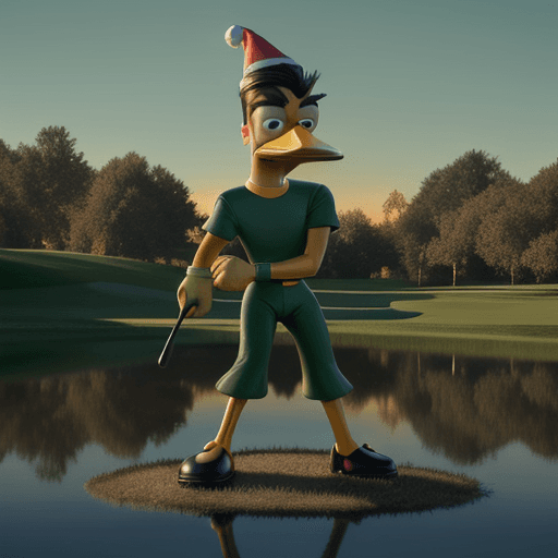 AI generated: Daffy Duck swinging golf clubs with Bender from Futurama on a waterlogged green, wearing Santa hats,...