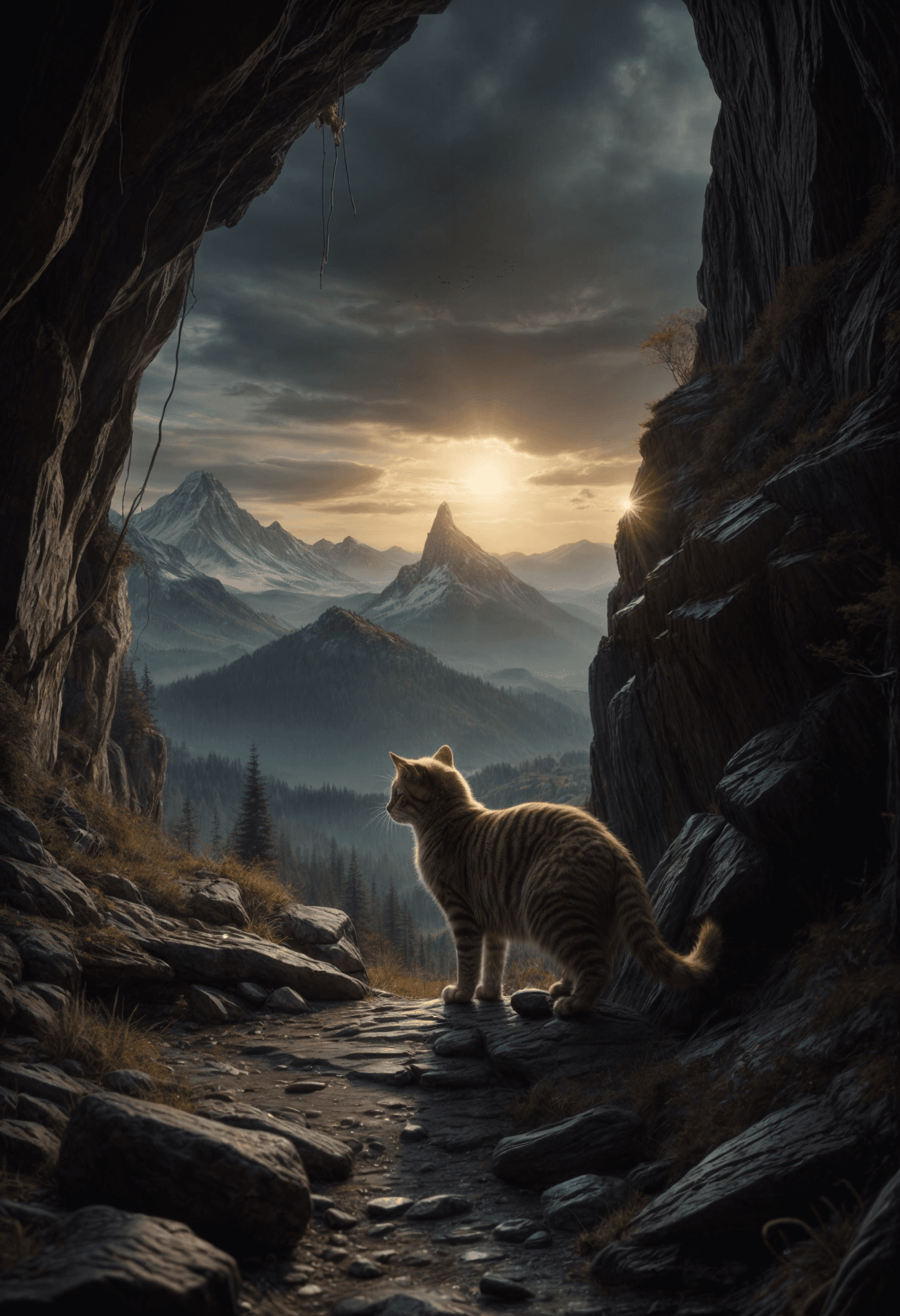 AI generated: fantastic image mountain. there are cats in there, Mysterious