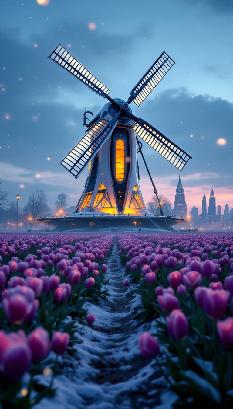 AI generated: Imagine a futuristic dutch windmill, shaped ilke a short fat 1950s retro moon rocket , in a field  o...