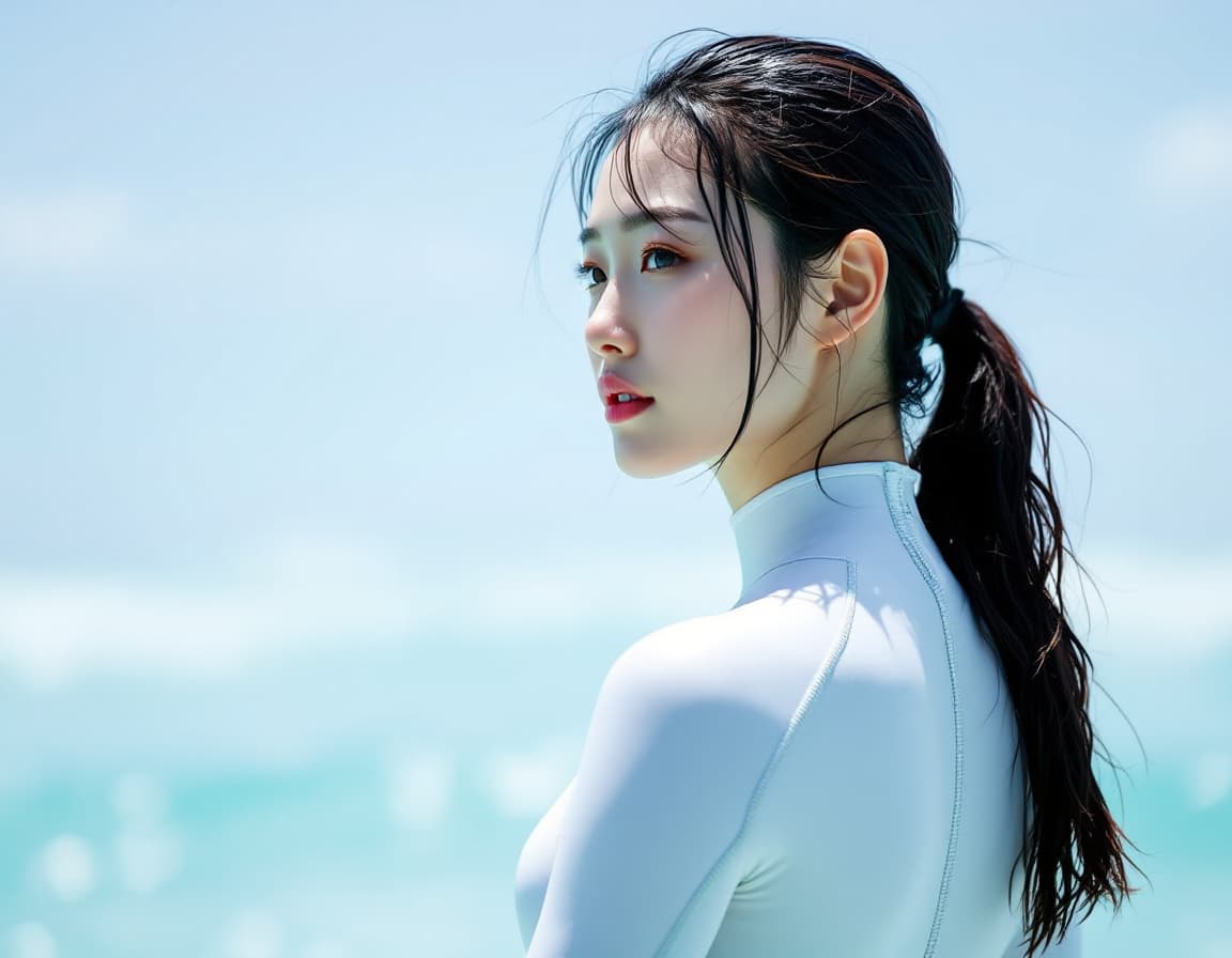 AI generated: High resolution image. A Korean woman in a white freediving suit that completely covers her body. He...
