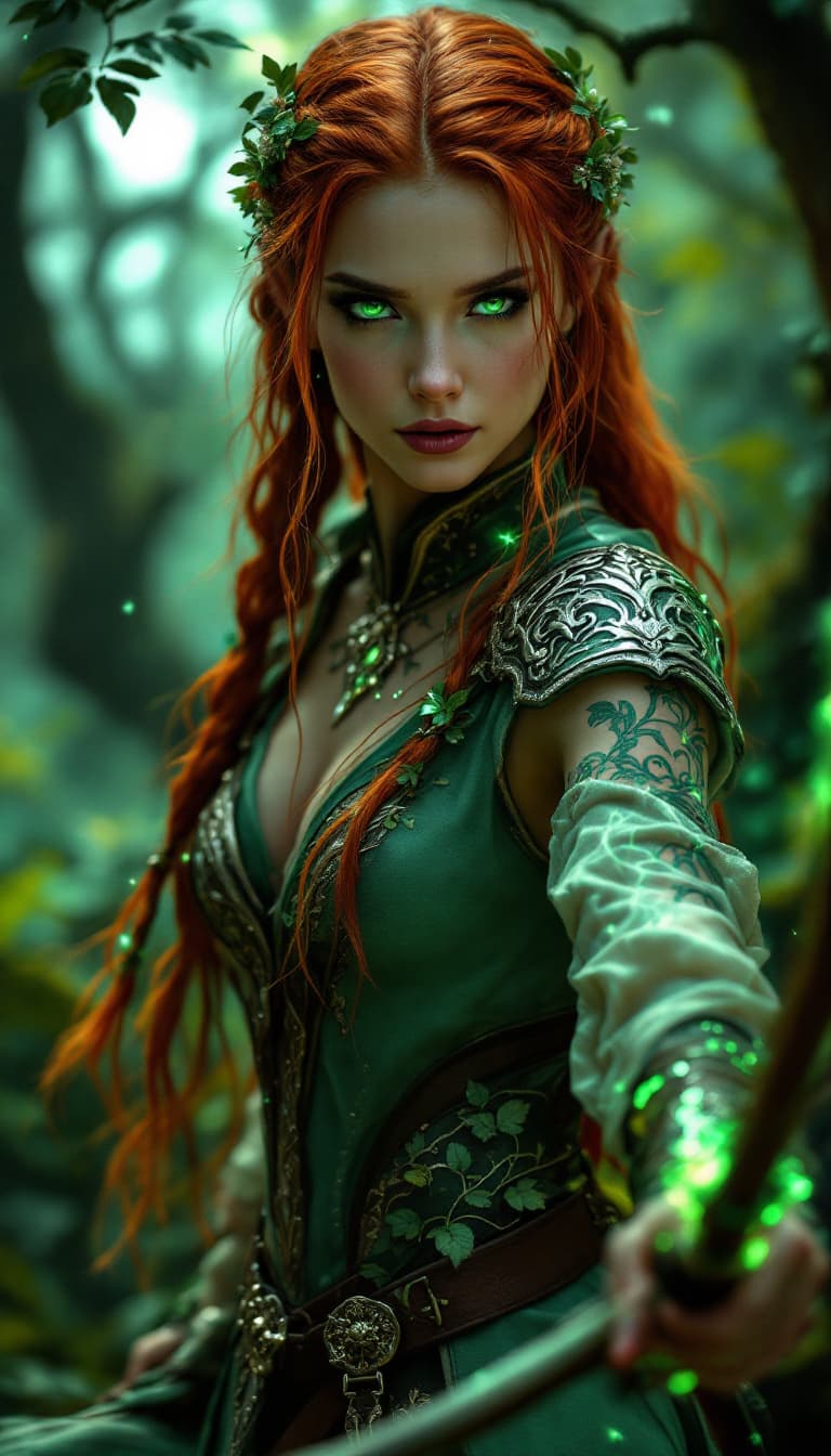 AI generated: An ultra-realistic, full-body action shot of a mesmerizing emerald elven huntress, exuding agility a...
