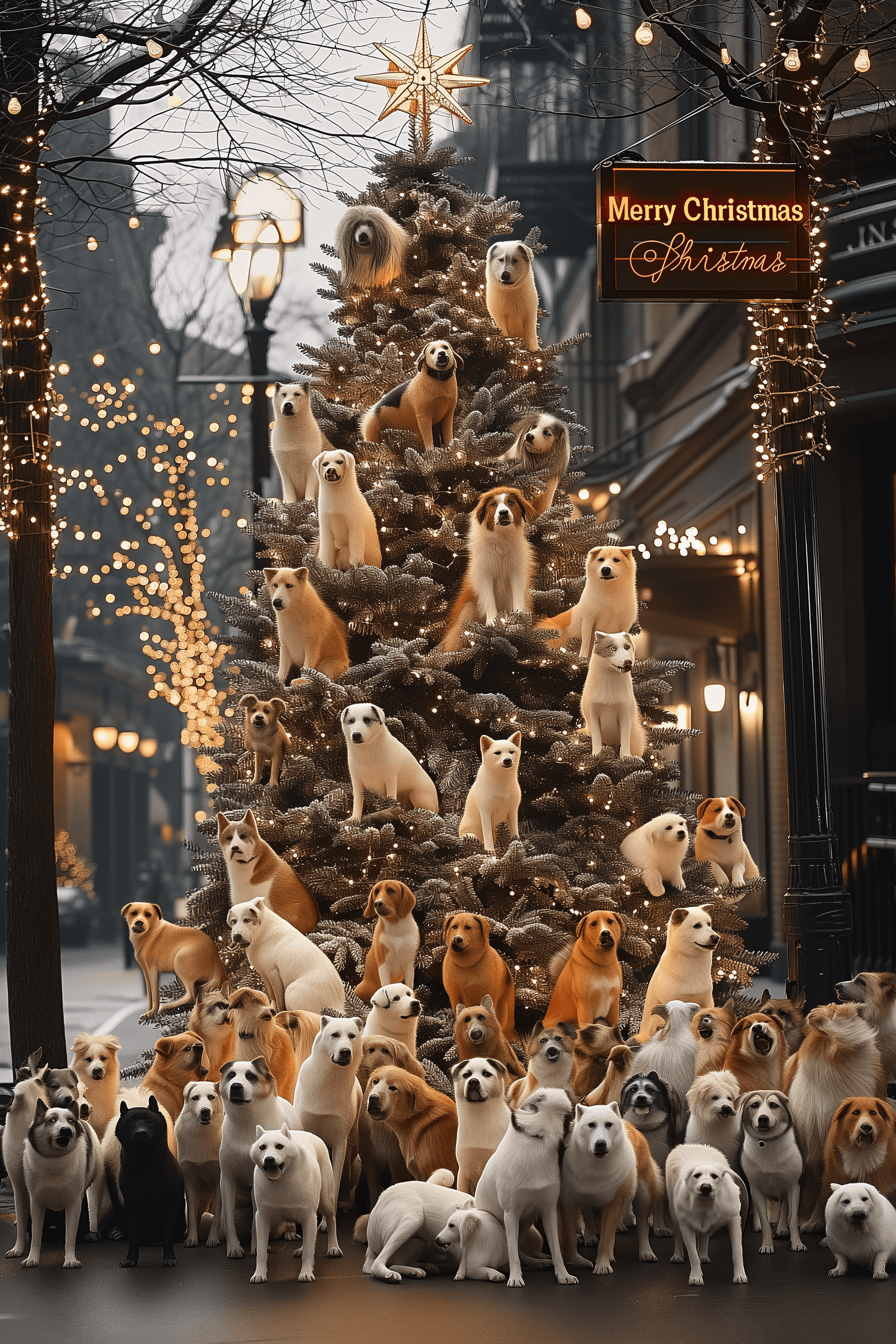 AI generated: a group of many dogs on a street, huge logo with text "Merry Christmas", in the style of xmas punk, ...