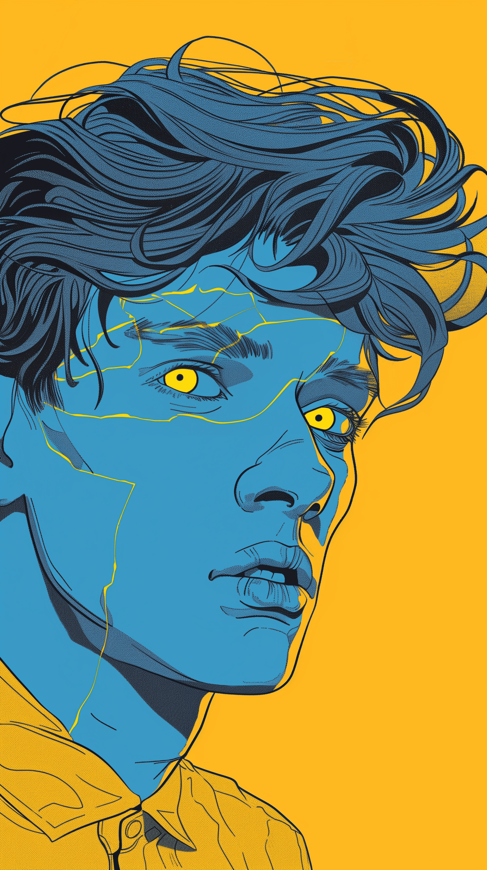 AI generated: illustration art, face, man, gaze, bright yellow eye, simplify, consisting of yellow with blue limit...