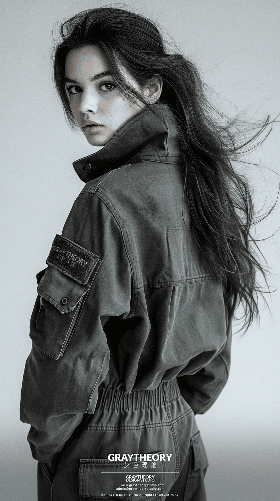 AI generated: urban millitary cargo baggy pants, young woman model full-length back shot, technical materials, sty...