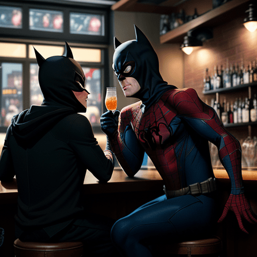 AI generated: batman and spiderman are sitting at a bar. Batman is on the left waering a khaki peacoat. Spiderman ...