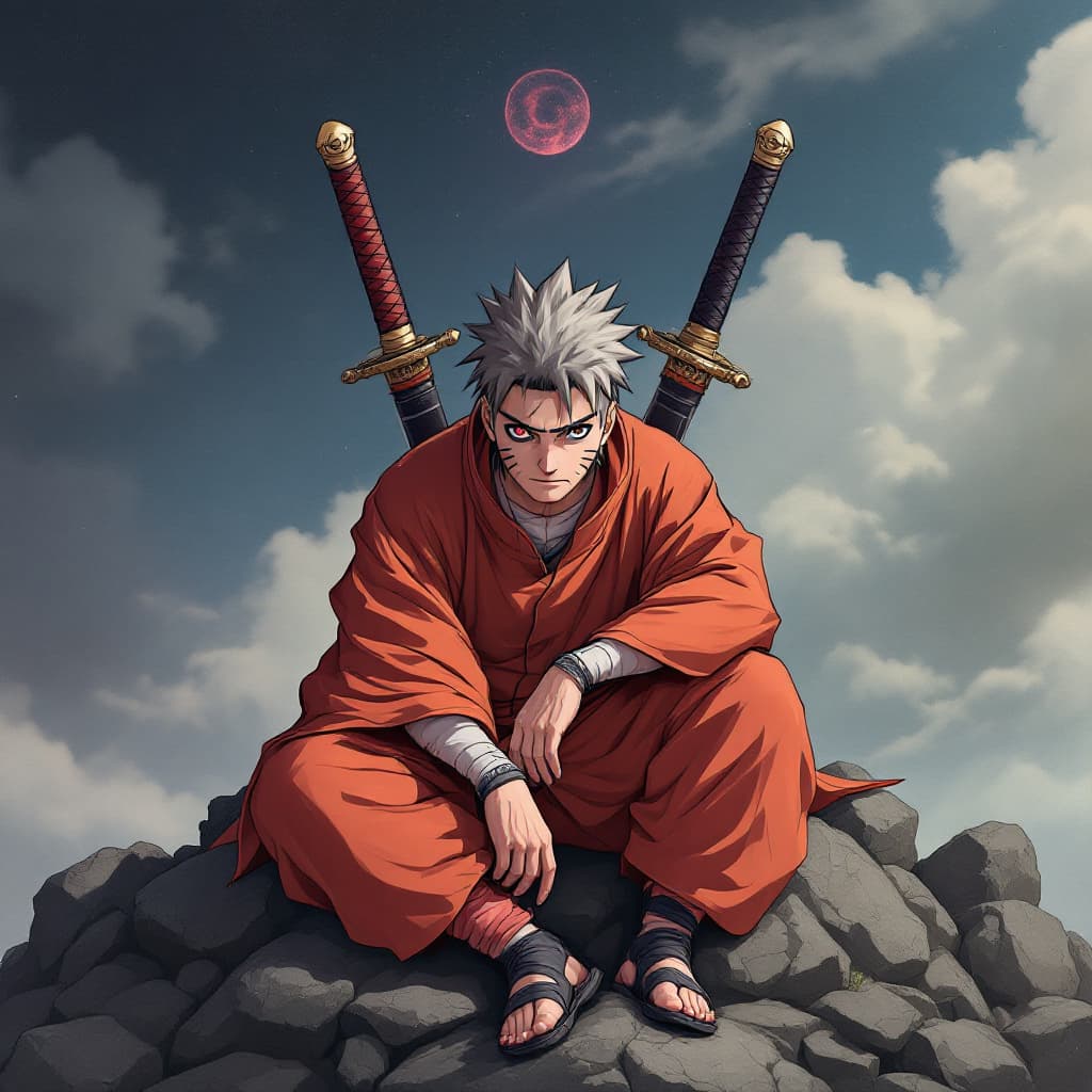 AI generated: naruto, with left eye sharigan and right eye rinnegan, sitting on top of the gamakichi, with 2 samur...