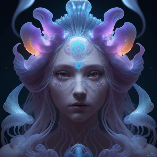 AI generated: Goddess close-up portrait ribcagel. jellyfish phoenix head, nautilus, orchid, skull, betta fish, bio...
