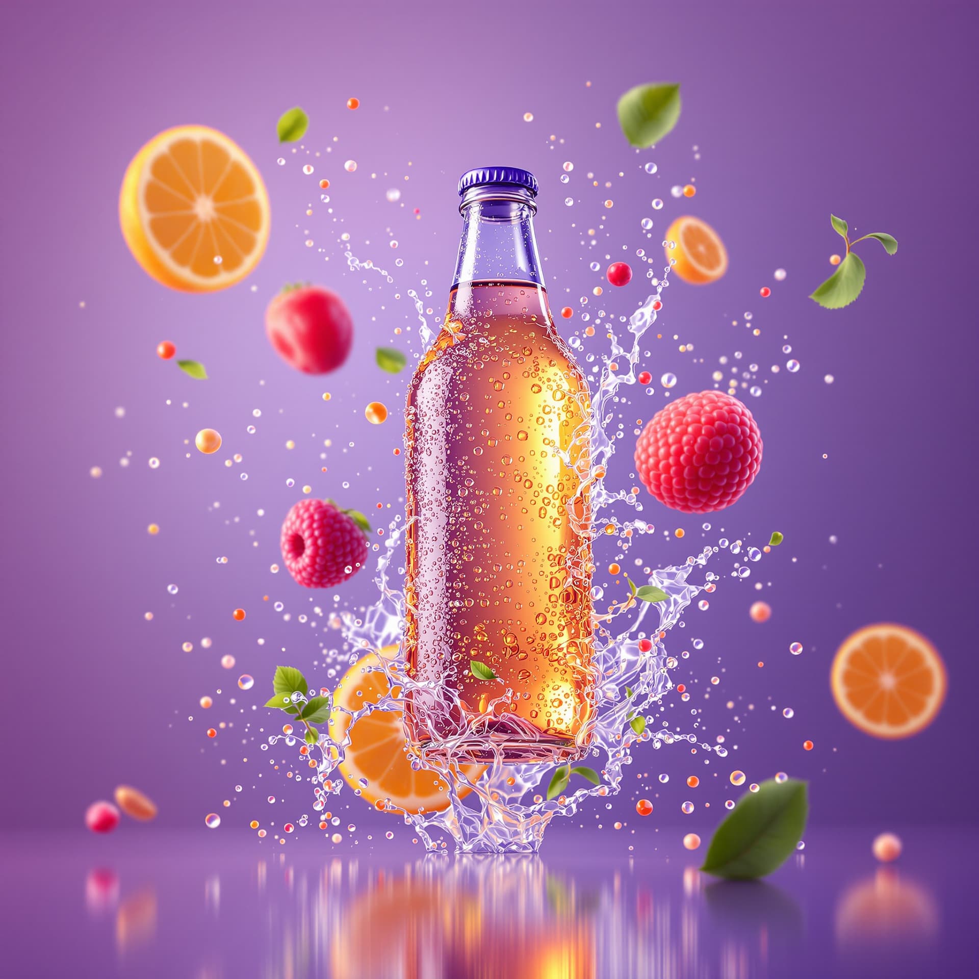 AI generated: Create a hyper-realistic 3D commercial-style product shot of a [main bottled beverage or product], f...