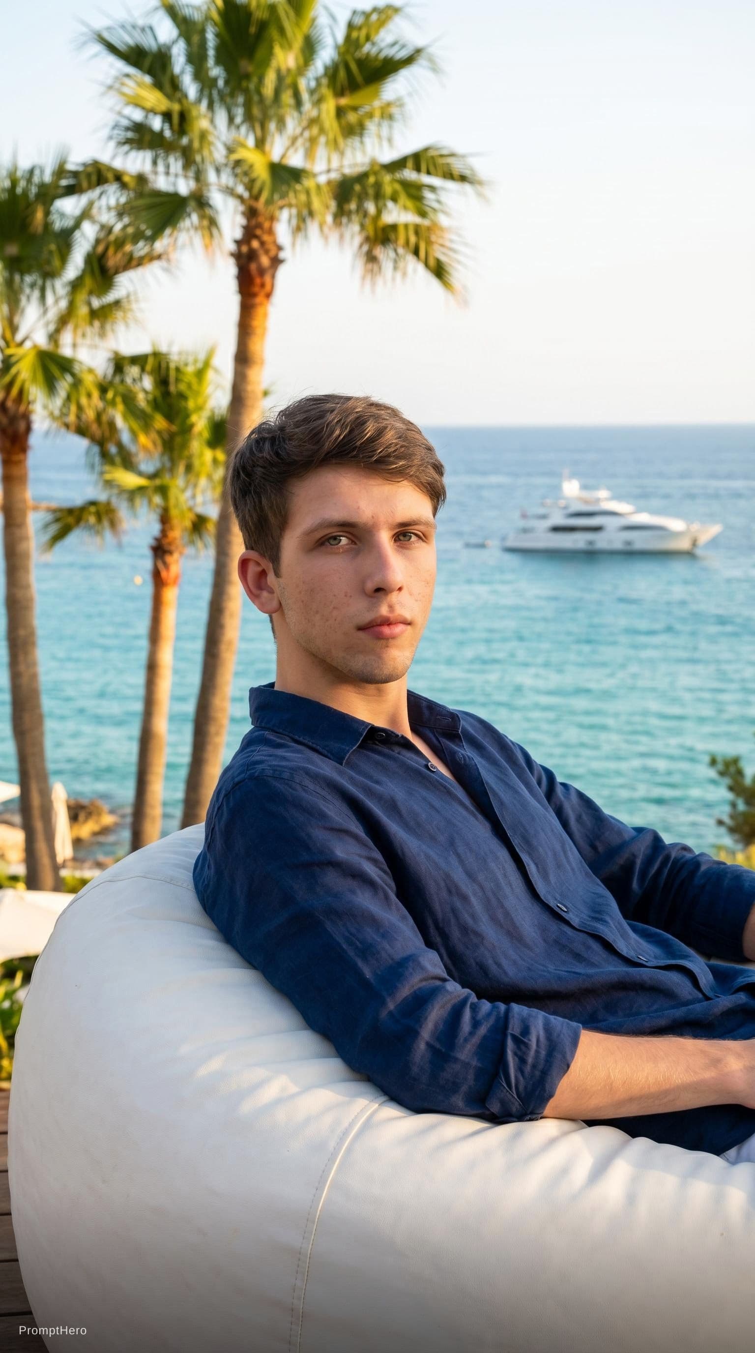 AI generated: Ultra photorealistic scene of a person sitting on a soft white pouf on the coast of Spain, elegant r...