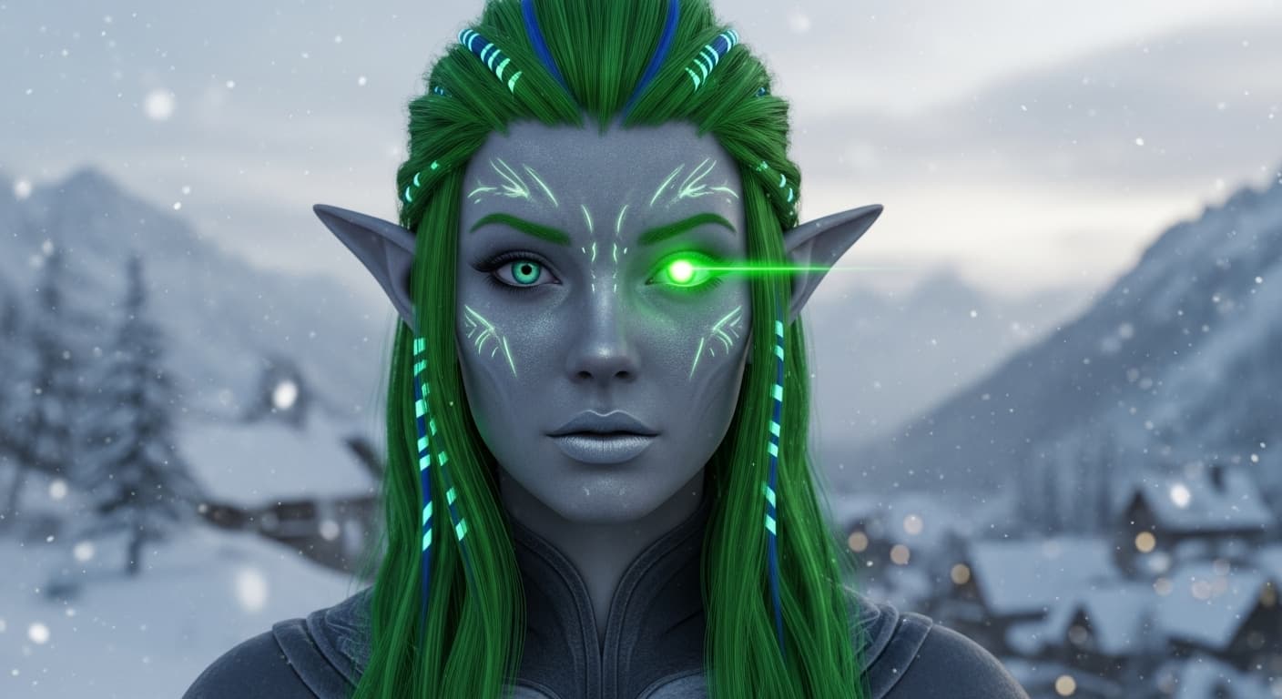 AI generated: ultra realistic close up shot of an elven woman elf ears. one eye is neon green shining and the othe...