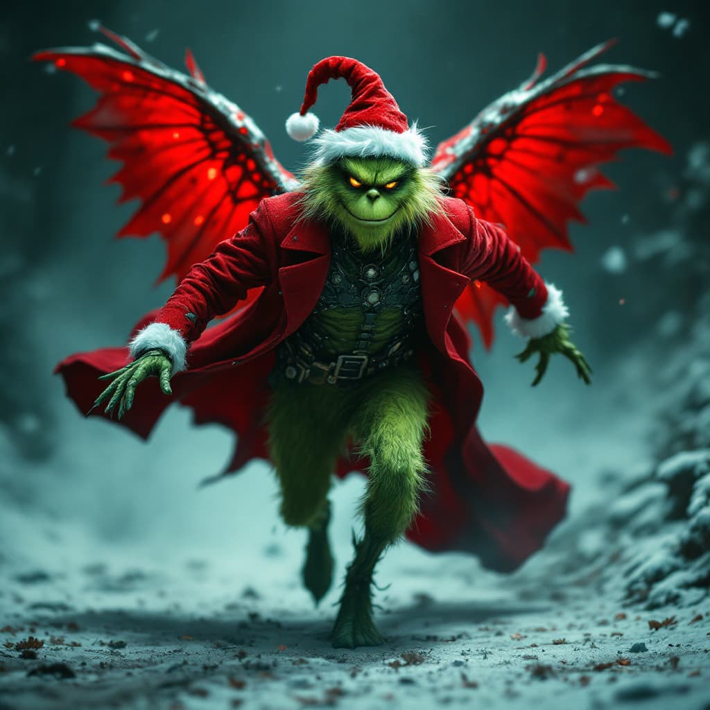 AI generated: hyper real the grinch, in a red santa trench cape coat and hat green and red dark knight suit with T...