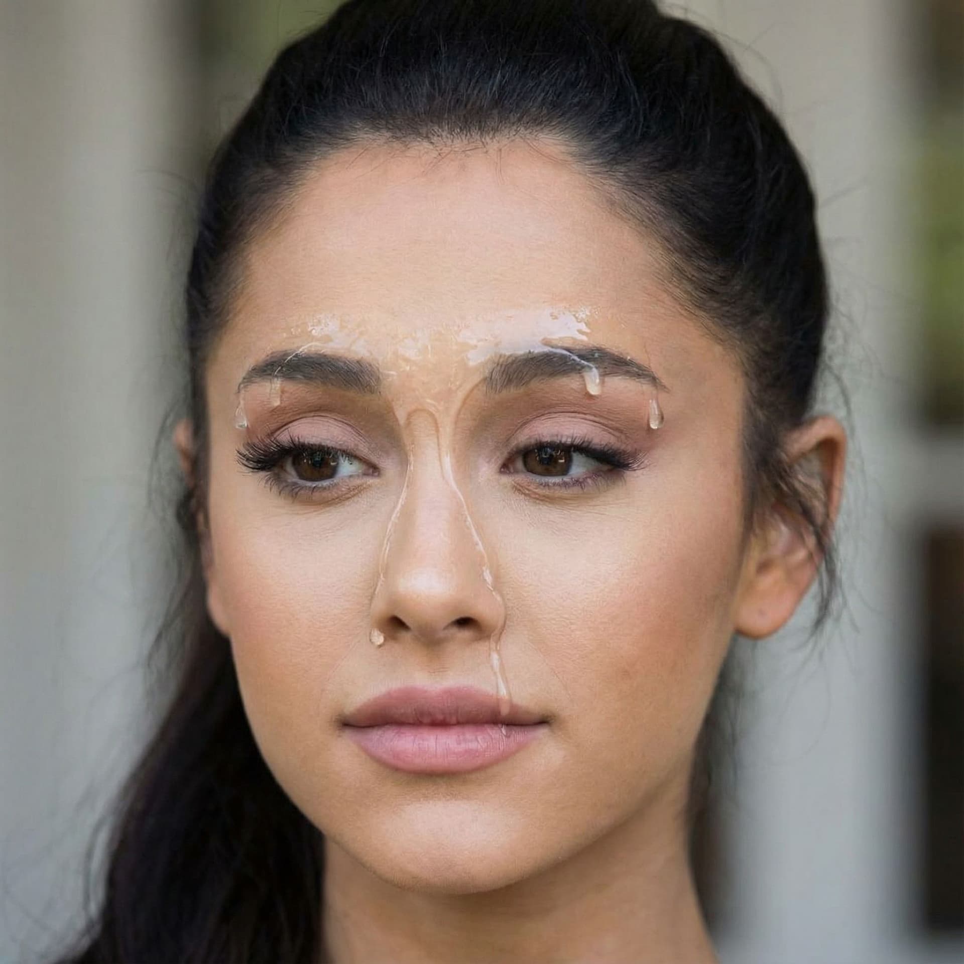 AI generated: Ariana Grande; Transparent white thick syrup runs from her eyebrows down her nose;
